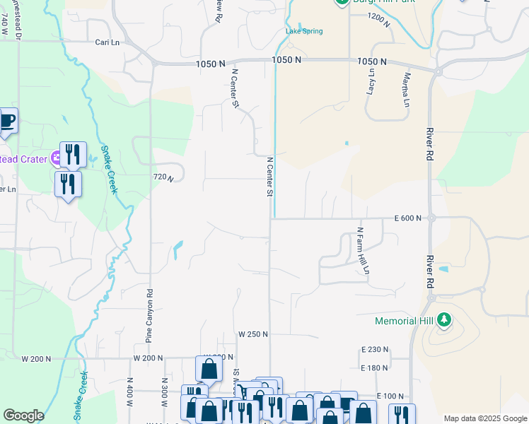 map of restaurants, bars, coffee shops, grocery stores, and more near 623 North Center Street in Midway