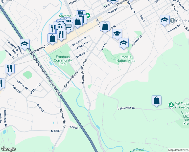 map of restaurants, bars, coffee shops, grocery stores, and more near 344 Delong Avenue in Emmaus