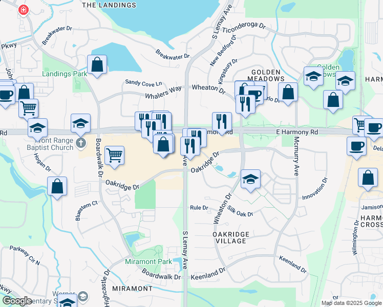 map of restaurants, bars, coffee shops, grocery stores, and more near 1112 Oakridge Drive in Fort Collins