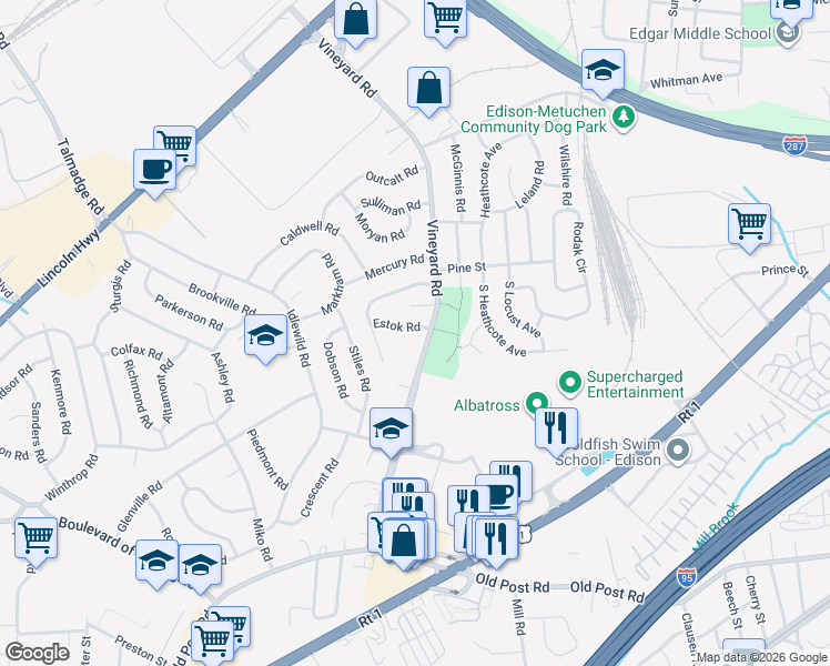 map of restaurants, bars, coffee shops, grocery stores, and more near 1 Estok Road in Edison