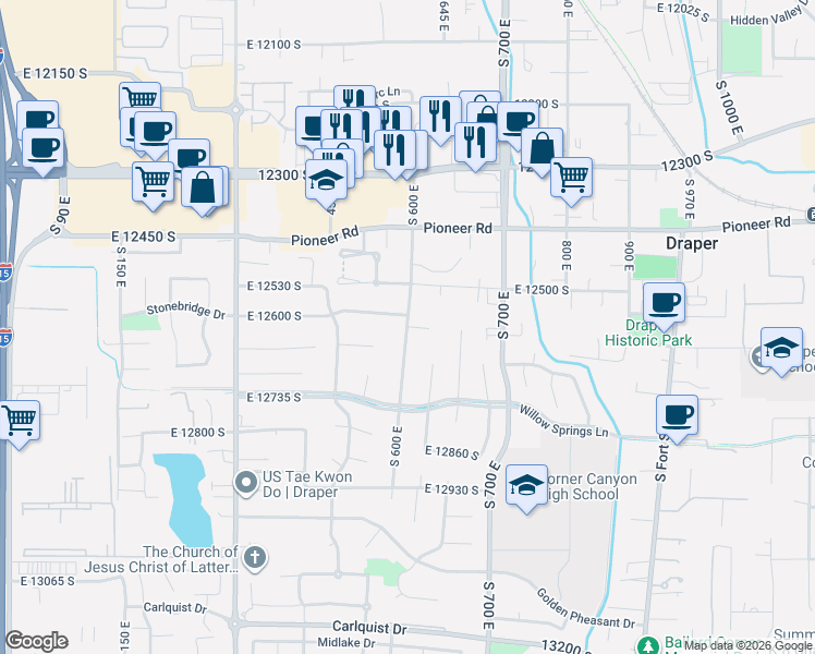 map of restaurants, bars, coffee shops, grocery stores, and more near 600 12615 South in Draper
