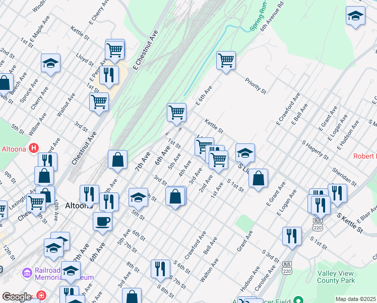 map of restaurants, bars, coffee shops, grocery stores, and more near 420 1st Street in Altoona