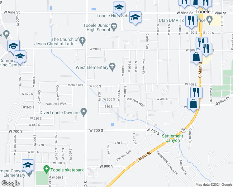map of restaurants, bars, coffee shops, grocery stores, and more near 446 South 425 West in Tooele