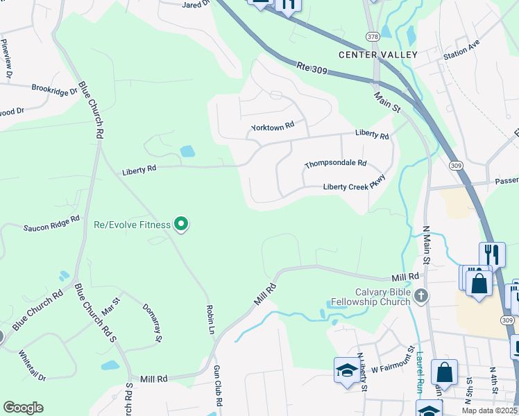 map of restaurants, bars, coffee shops, grocery stores, and more near 4320 Liberty Creek Parkway in Coopersburg