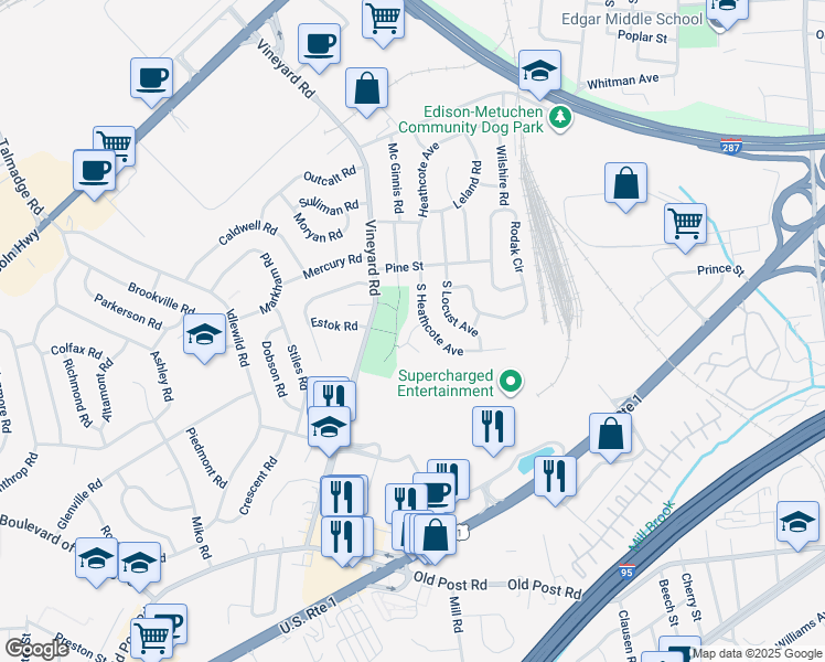 map of restaurants, bars, coffee shops, grocery stores, and more near 3 Laythan Road in Edison