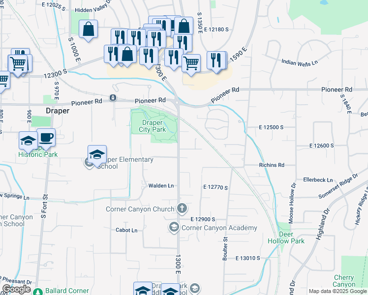 map of restaurants, bars, coffee shops, grocery stores, and more near 12609 South 1300 East in Draper