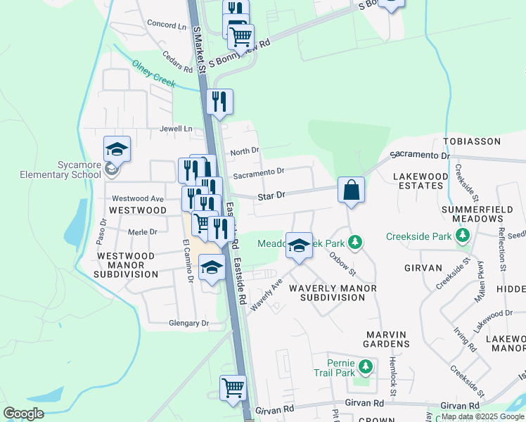 map of restaurants, bars, coffee shops, grocery stores, and more near 2461 Star Drive in Redding