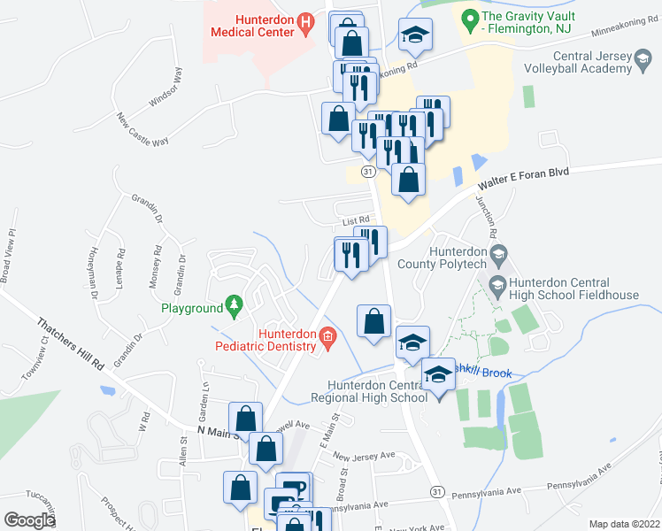 map of restaurants, bars, coffee shops, grocery stores, and more near 4 Walter E Foran Boulevard in Flemington
