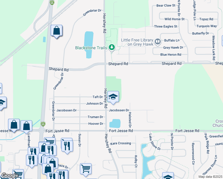 map of restaurants, bars, coffee shops, grocery stores, and more near 750 Hershey Road in Normal