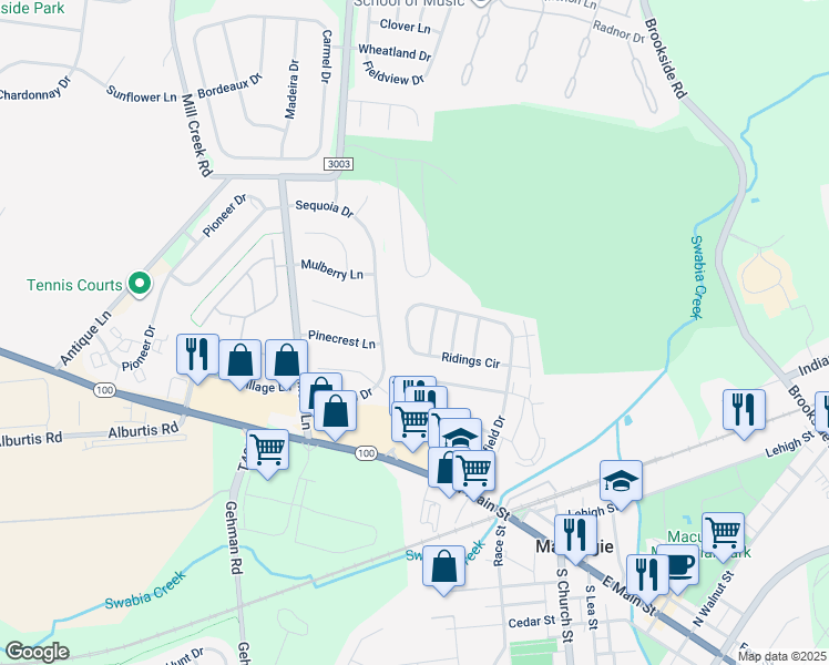 map of restaurants, bars, coffee shops, grocery stores, and more near 207 Ridings Circle in Macungie