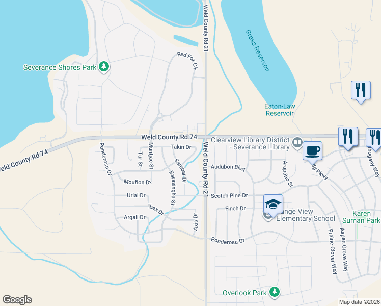 map of restaurants, bars, coffee shops, grocery stores, and more near 700 Takin Drive in Severance