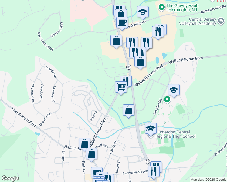 map of restaurants, bars, coffee shops, grocery stores, and more near 4 Walter E Foran Boulevard in Flemington