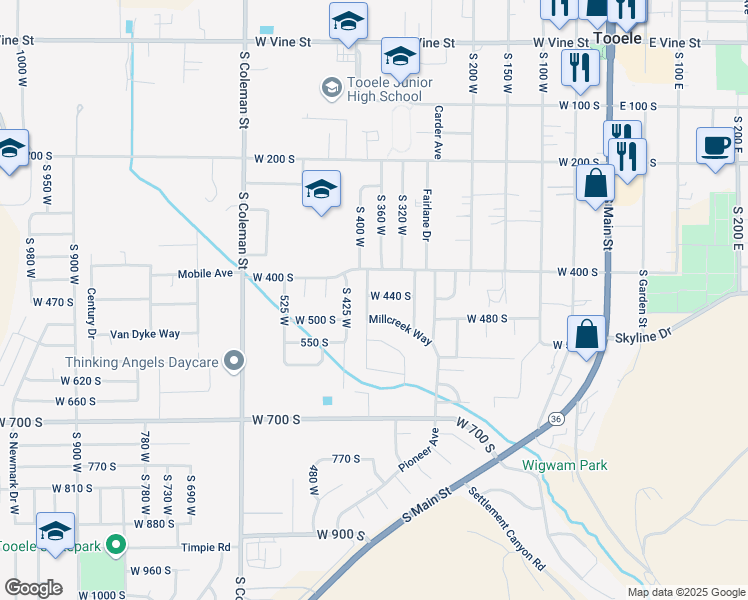 map of restaurants, bars, coffee shops, grocery stores, and more near 373 West 440 South in Tooele