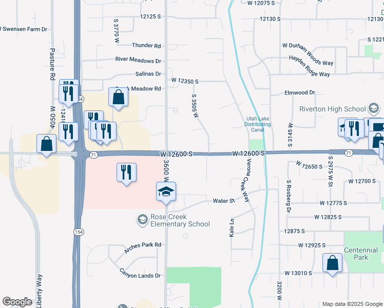 map of restaurants, bars, coffee shops, grocery stores, and more near 3471 West 12600 South in Riverton