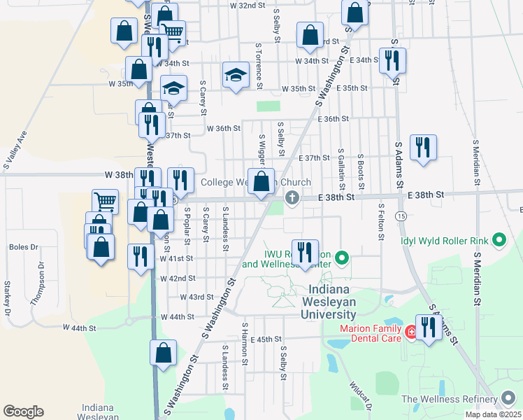 map of restaurants, bars, coffee shops, grocery stores, and more near 3812 South Washington Street in Marion