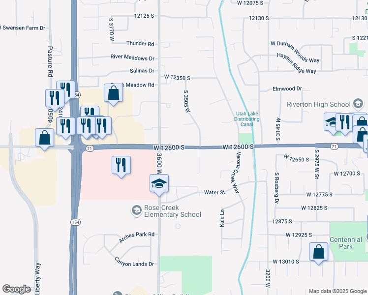 map of restaurants, bars, coffee shops, grocery stores, and more near 3471 West 12600 South in Riverton