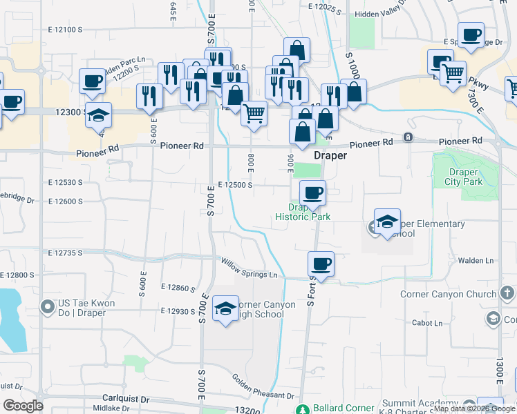 map of restaurants, bars, coffee shops, grocery stores, and more near 12690 900 East in Draper