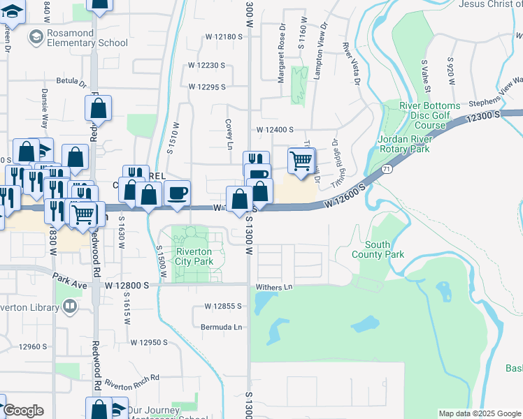 map of restaurants, bars, coffee shops, grocery stores, and more near 1287w West 12600 South in Riverton