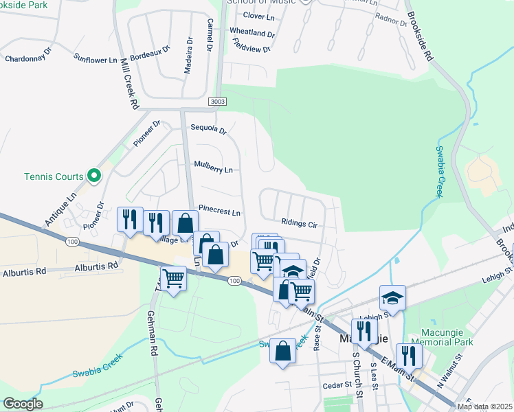 map of restaurants, bars, coffee shops, grocery stores, and more near 206 Ridings Circle in Macungie