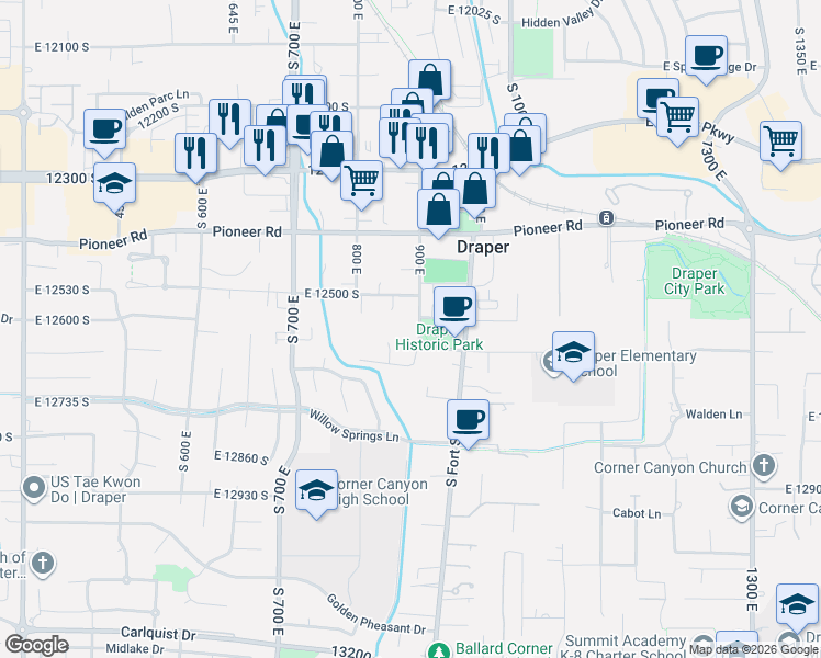 map of restaurants, bars, coffee shops, grocery stores, and more near 12614 900 East in Draper