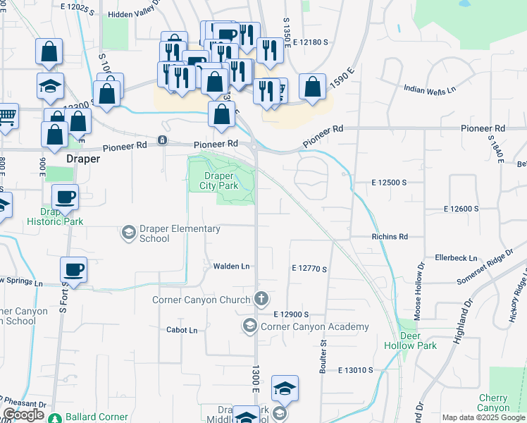 map of restaurants, bars, coffee shops, grocery stores, and more near 12609 South 1300 East in Draper