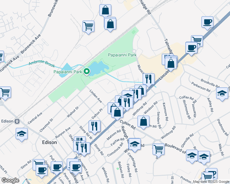 map of restaurants, bars, coffee shops, grocery stores, and more near 5 Elmwood Terrace in Edison