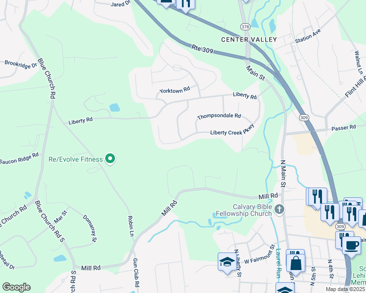 map of restaurants, bars, coffee shops, grocery stores, and more near 4300 Liberty Creek Parkway in Coopersburg