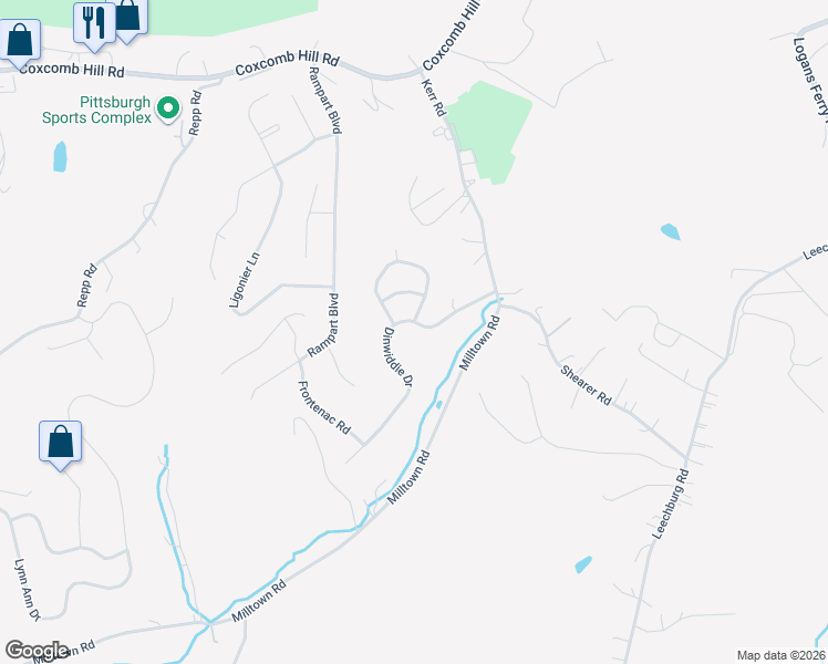 map of restaurants, bars, coffee shops, grocery stores, and more near 162 Dinwiddie Dr in New Kensington