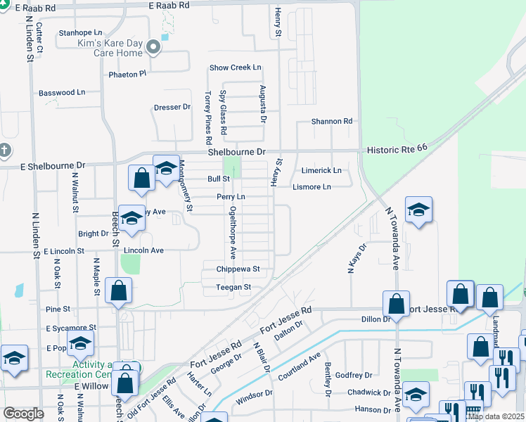 map of restaurants, bars, coffee shops, grocery stores, and more near 1114 Drayton Street in Normal