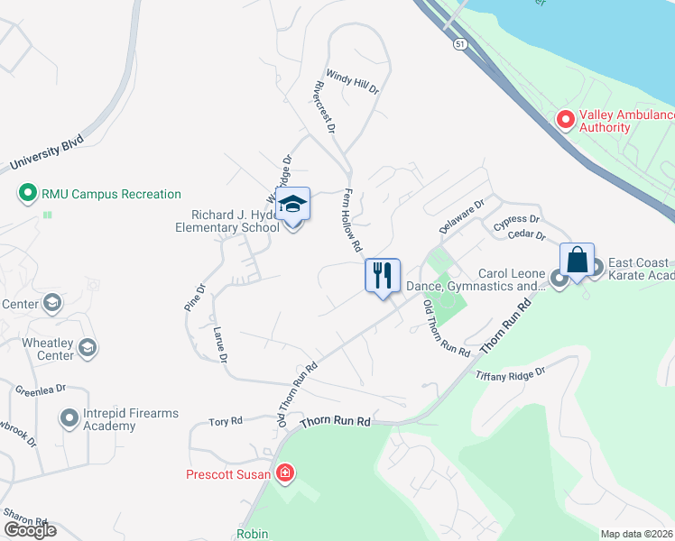 map of restaurants, bars, coffee shops, grocery stores, and more near 133 Fern Hollow Road in Coraopolis