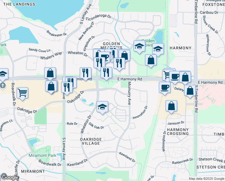 map of restaurants, bars, coffee shops, grocery stores, and more near 1521 Oakridge Drive in Fort Collins