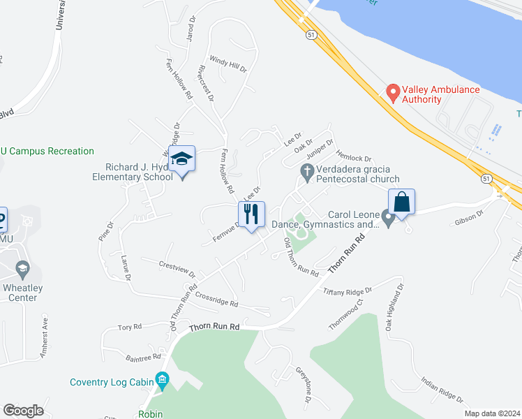 map of restaurants, bars, coffee shops, grocery stores, and more near 114 Serendipity Drive in Coraopolis