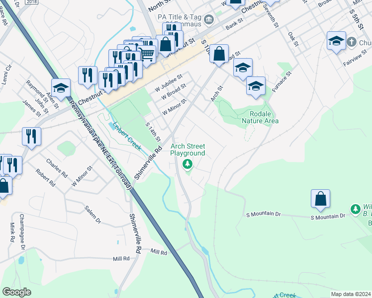 map of restaurants, bars, coffee shops, grocery stores, and more near 1305 Arch Street in Emmaus