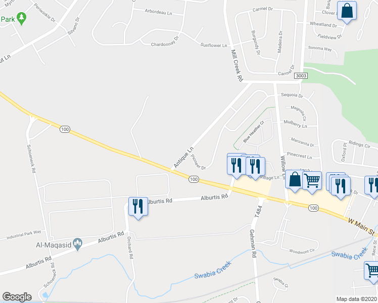 map of restaurants, bars, coffee shops, grocery stores, and more near 7307 Pioneer Drive in Macungie