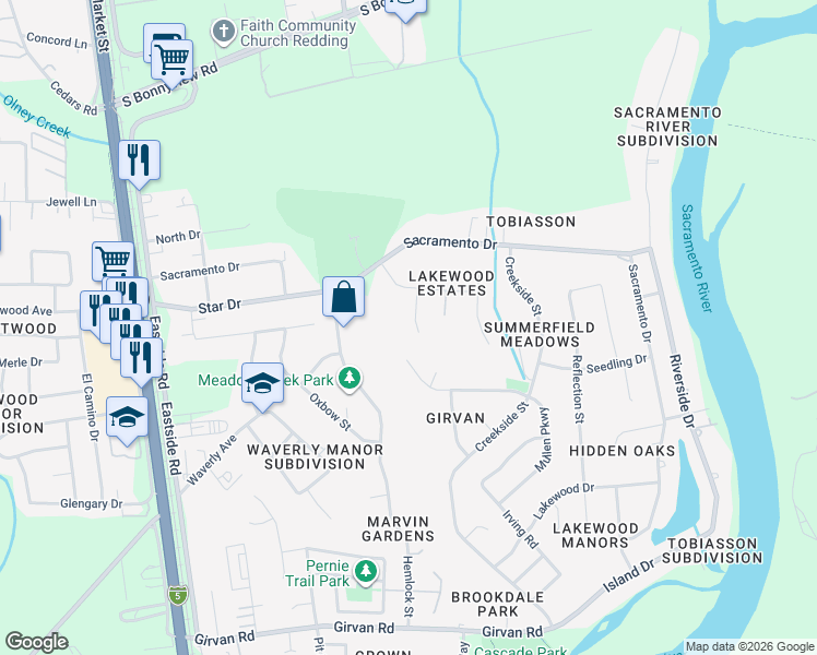map of restaurants, bars, coffee shops, grocery stores, and more near 2875 Balaton Avenue in Redding