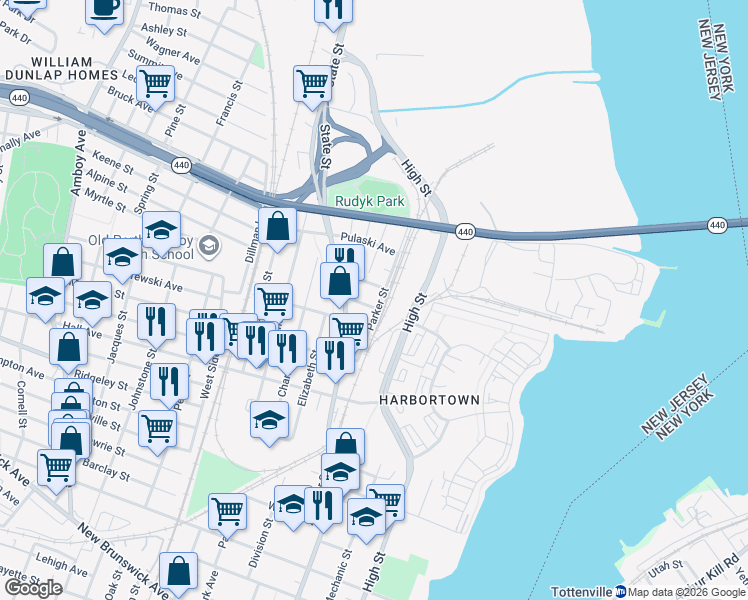 map of restaurants, bars, coffee shops, grocery stores, and more near 733 Parker Street in Perth Amboy