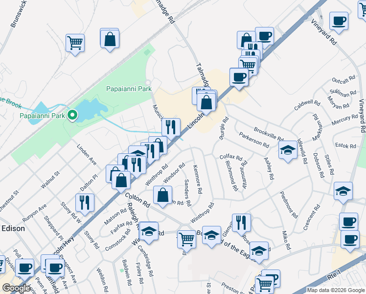 map of restaurants, bars, coffee shops, grocery stores, and more near 5 Fitch Road in Edison