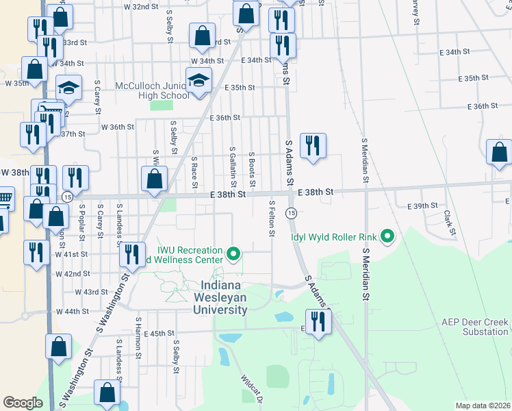 map of restaurants, bars, coffee shops, grocery stores, and more near 3811 South Boots Street in Marion