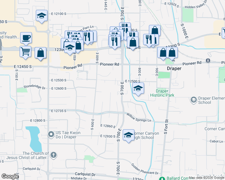 map of restaurants, bars, coffee shops, grocery stores, and more near 12624 South Whisper Brook Bay in Draper