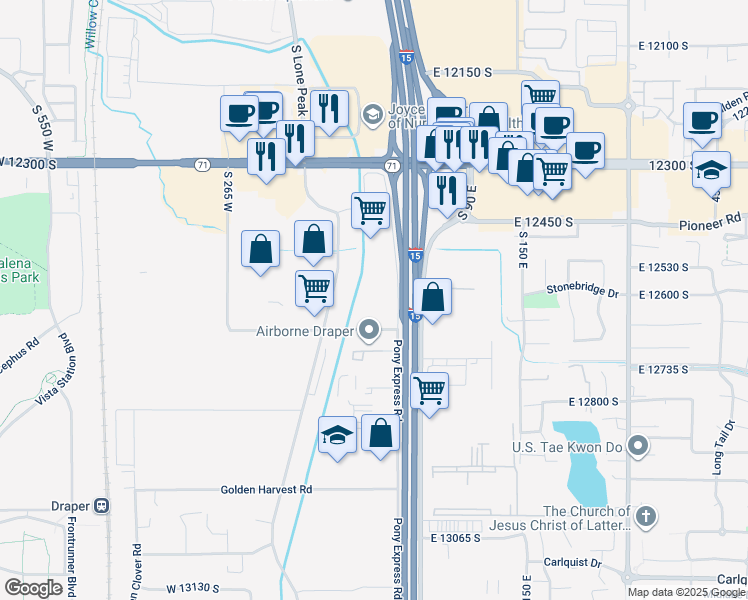 map of restaurants, bars, coffee shops, grocery stores, and more near 12580 Pony Express Road in Draper