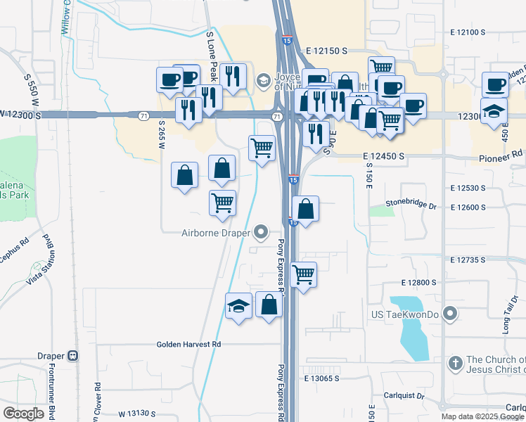 map of restaurants, bars, coffee shops, grocery stores, and more near 12580 Pony Express Road in Draper