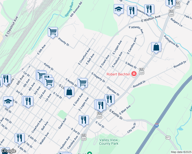 map of restaurants, bars, coffee shops, grocery stores, and more near 500-598 South Hagerty Street in Altoona