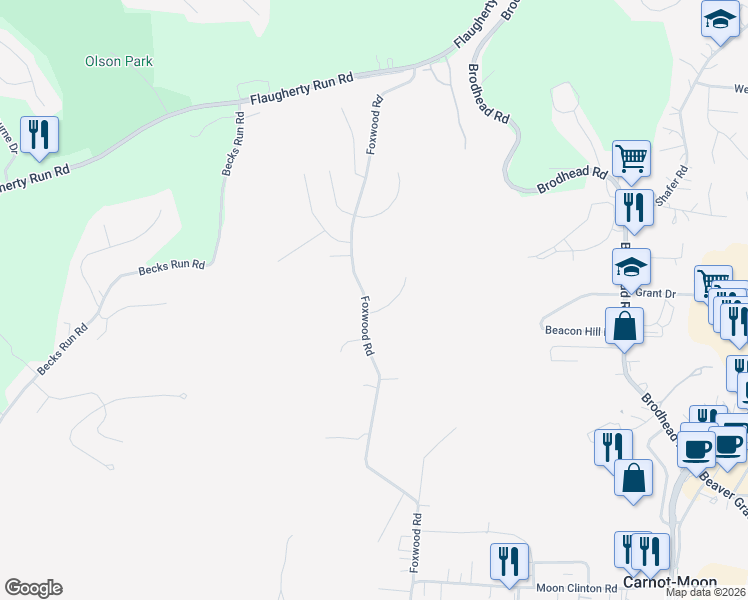 map of restaurants, bars, coffee shops, grocery stores, and more near 227 Foxwood Road in Carnot-Moon