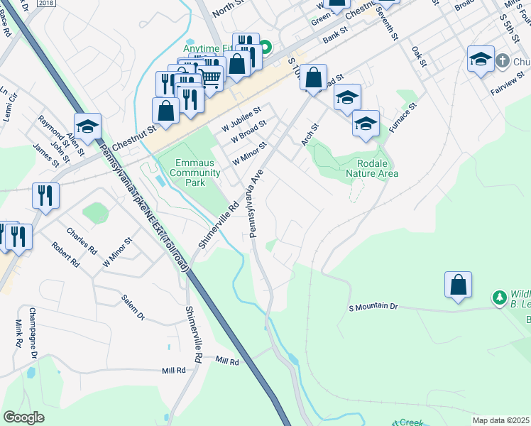 map of restaurants, bars, coffee shops, grocery stores, and more near 1305 Arch Street in Emmaus