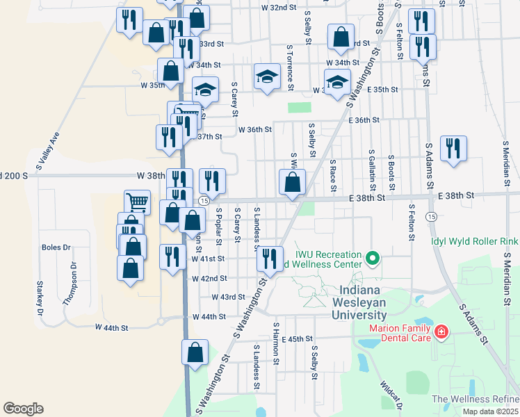 map of restaurants, bars, coffee shops, grocery stores, and more near 3809 South Landess Street in Marion
