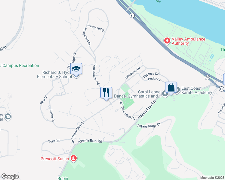 map of restaurants, bars, coffee shops, grocery stores, and more near 113 Mooncrest Drive in Coraopolis