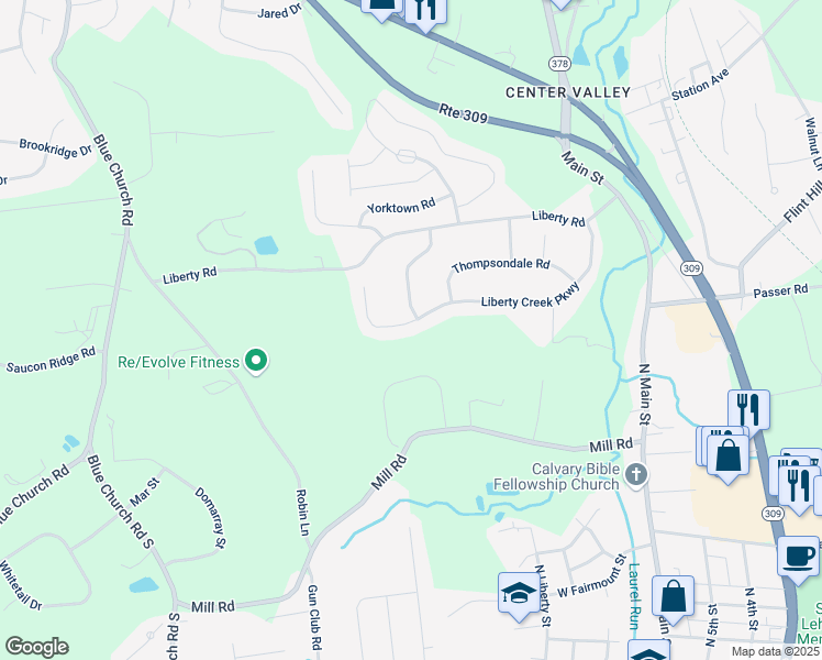 map of restaurants, bars, coffee shops, grocery stores, and more near 4300 Liberty Creek Parkway in Coopersburg