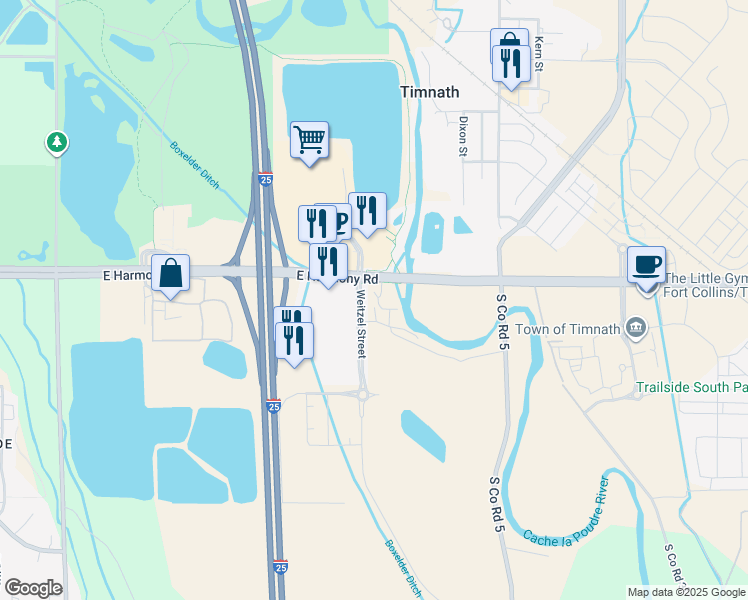 map of restaurants, bars, coffee shops, grocery stores, and more near 4801 East Harmony Road in Fort Collins