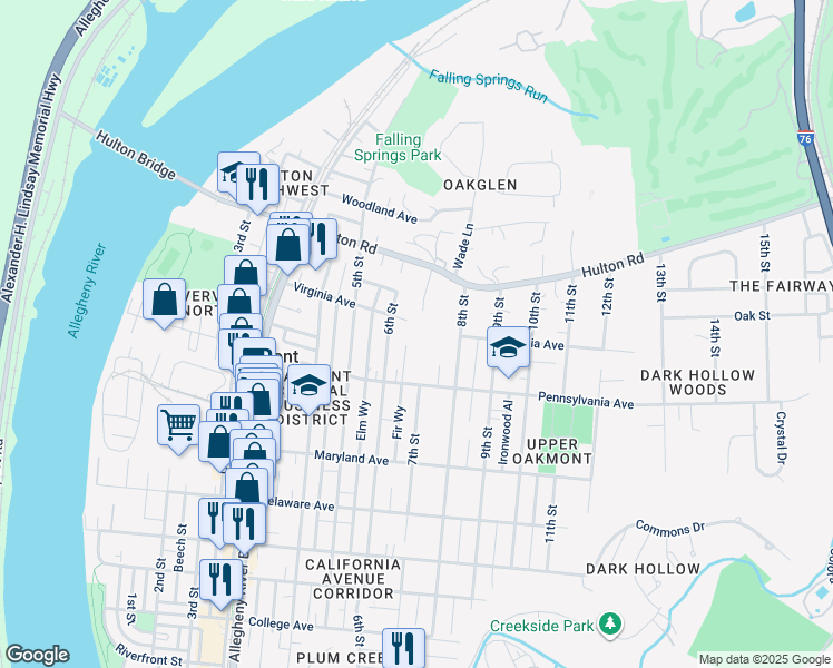 map of restaurants, bars, coffee shops, grocery stores, and more near 754 6th Street in Oakmont