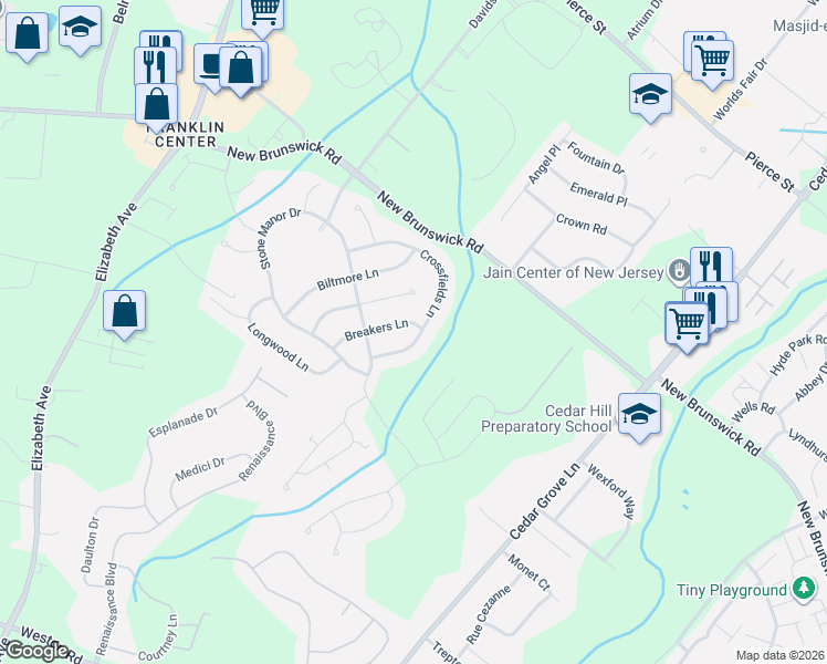 map of restaurants, bars, coffee shops, grocery stores, and more near 428 Breakers Lane in Franklin Township
